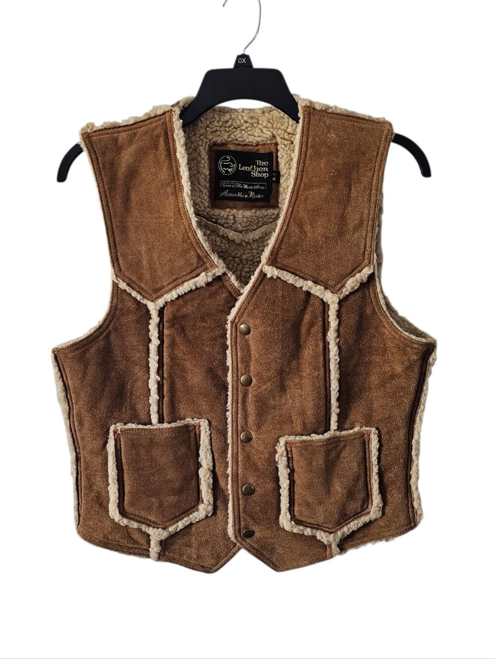 VTG 70s Sears The Leather Shop Suede Sherpa Vest Mens Medium Western Cowboy Snap